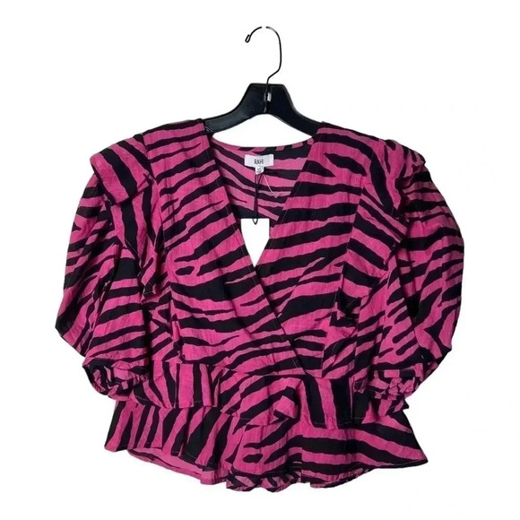 1404. ANTHROPOLOGIE RAHI SHORT PUFFER SLEEVES TOP XSMALL ZEBRA PRINT HOT PINK - Picture 3 of 11